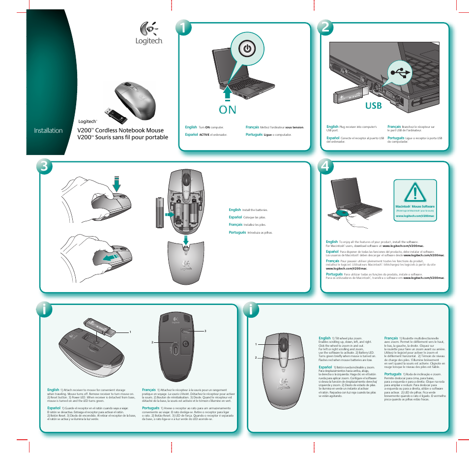 Logitech Cordless Notebook Mouse V200 User Manual | 2 pages