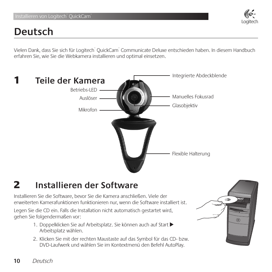 Deutsch, Teile .der .kamera, Installieren .der .software | Logitech QuickCam Communicate Deluxe V-UBE43 User Manual | Page 10 / 116
