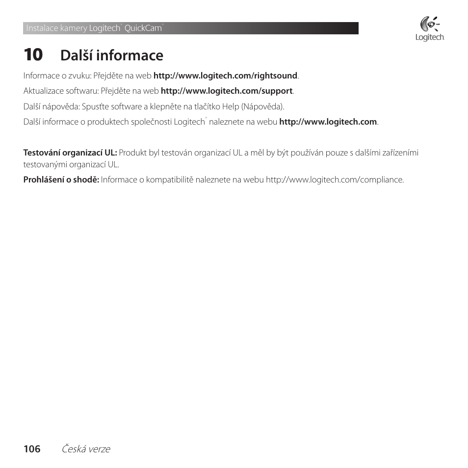 Další informace | Logitech QuickCam Communicate Deluxe V-UBE43 User Manual | Page 106 / 116