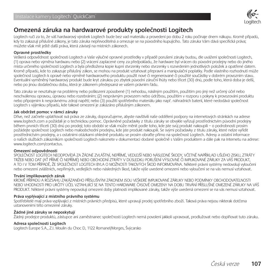 Česká verze 10, Instalace kamery logitech, Quickcam | Logitech QuickCam Communicate Deluxe V-UBE43 User Manual | Page 107 / 116