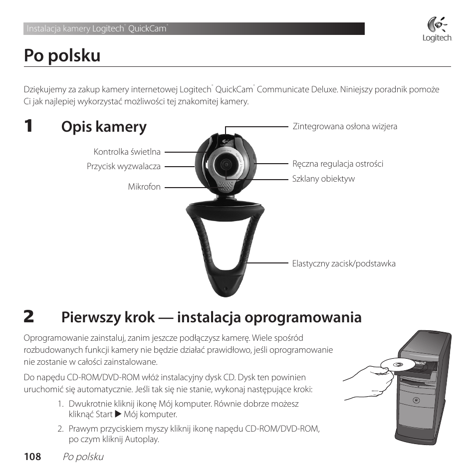 Po polsku, Opis kamery, Pierwszy krok — instalacja oprogramowania | Logitech QuickCam Communicate Deluxe V-UBE43 User Manual | Page 108 / 116