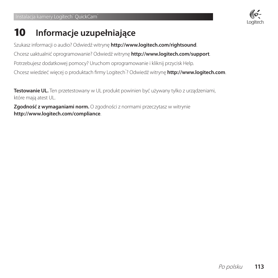 Informacje uzupełniające | Logitech QuickCam Communicate Deluxe V-UBE43 User Manual | Page 113 / 116