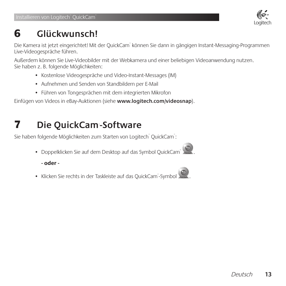 Glückwunsch, Die .quickcam, Software | Logitech QuickCam Communicate Deluxe V-UBE43 User Manual | Page 13 / 116