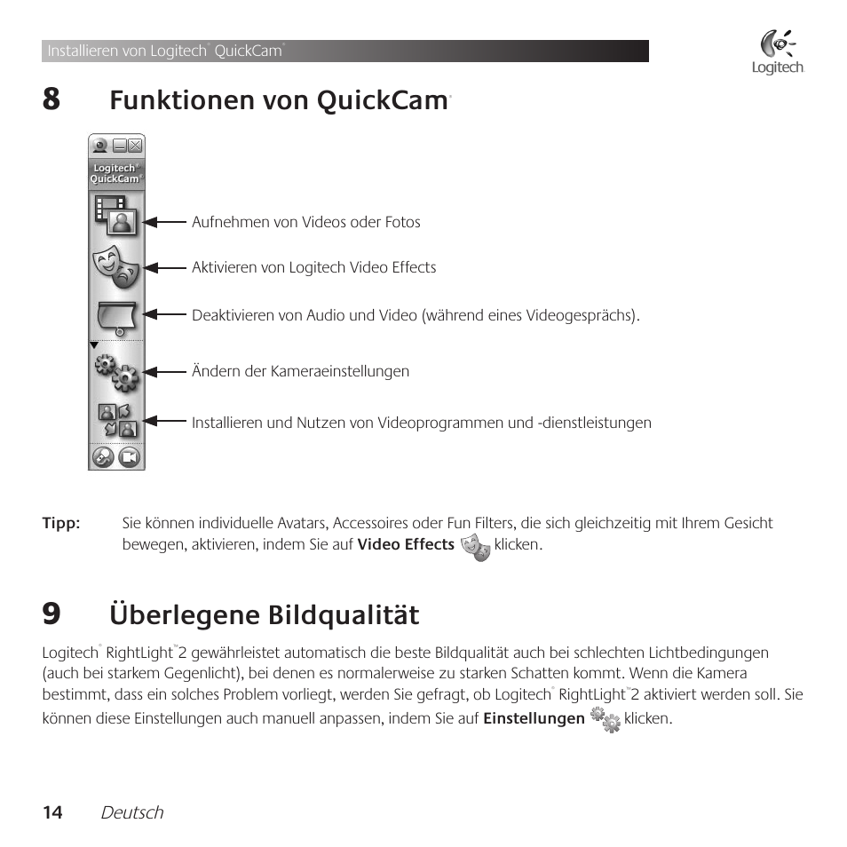 Funktionen .von .quickcam, Überlegene .bildqualität | Logitech QuickCam Communicate Deluxe V-UBE43 User Manual | Page 14 / 116
