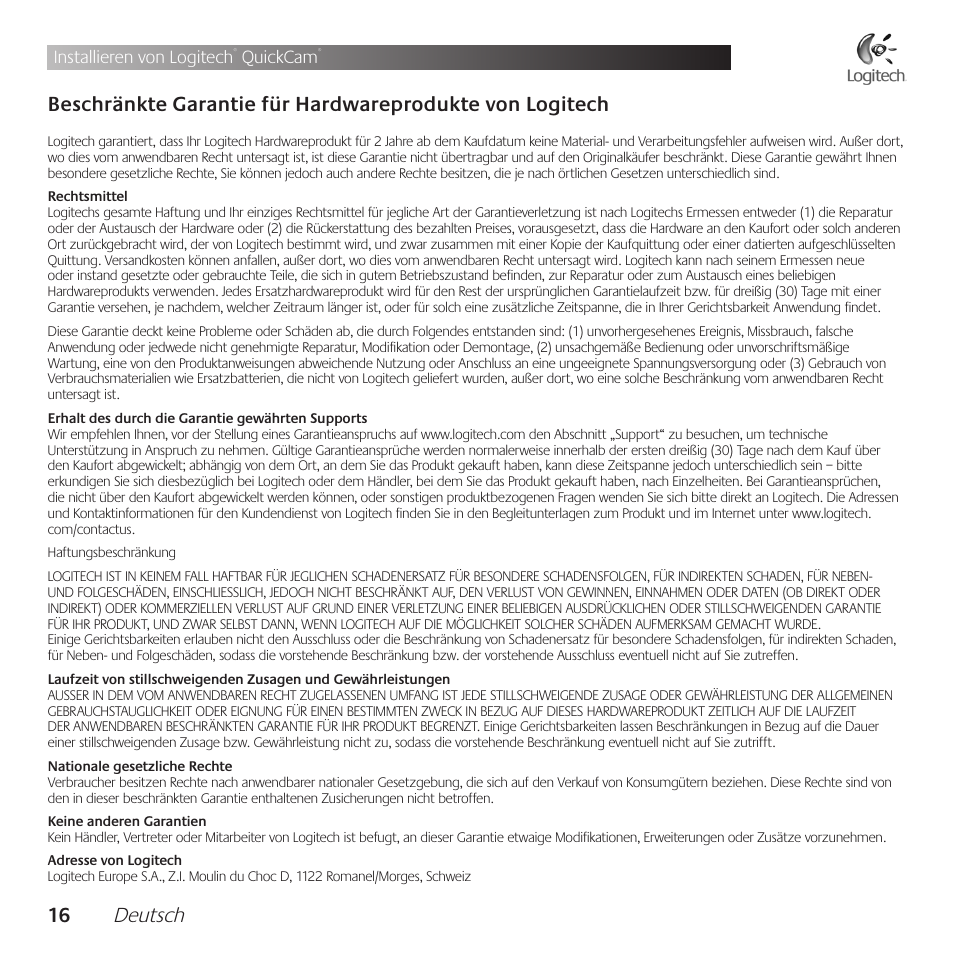 1 deutsch, Installieren von logitech, Quickcam | Logitech QuickCam Communicate Deluxe V-UBE43 User Manual | Page 16 / 116