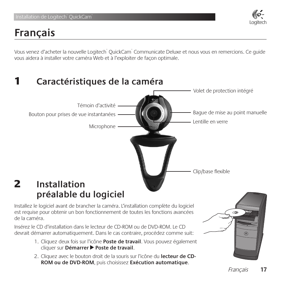 Français, Caractéristiques .de .la .caméra, Installation . . préalable .du .logiciel | Logitech QuickCam Communicate Deluxe V-UBE43 User Manual | Page 17 / 116