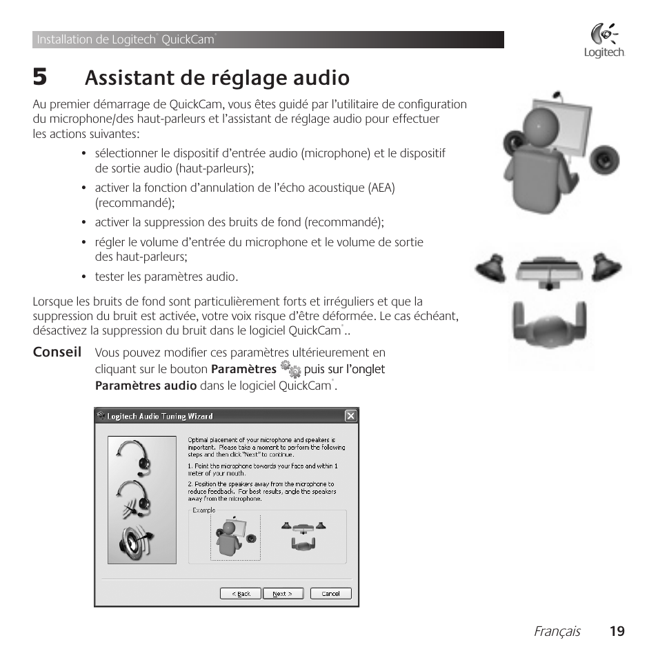 Assistant .de .réglage .audio | Logitech QuickCam Communicate Deluxe V-UBE43 User Manual | Page 19 / 116