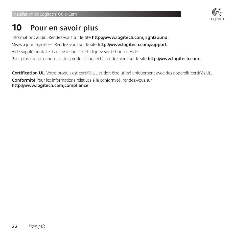 Pour .en .savoir .plus | Logitech QuickCam Communicate Deluxe V-UBE43 User Manual | Page 22 / 116