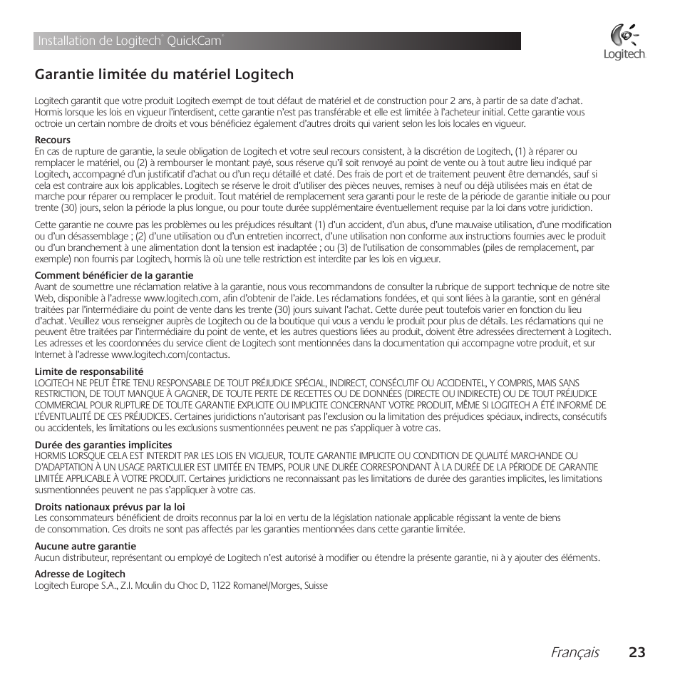 Français 2, Garantie .limitée .du .matériel .logitech, Installation de logitech | Quickcam | Logitech QuickCam Communicate Deluxe V-UBE43 User Manual | Page 23 / 116