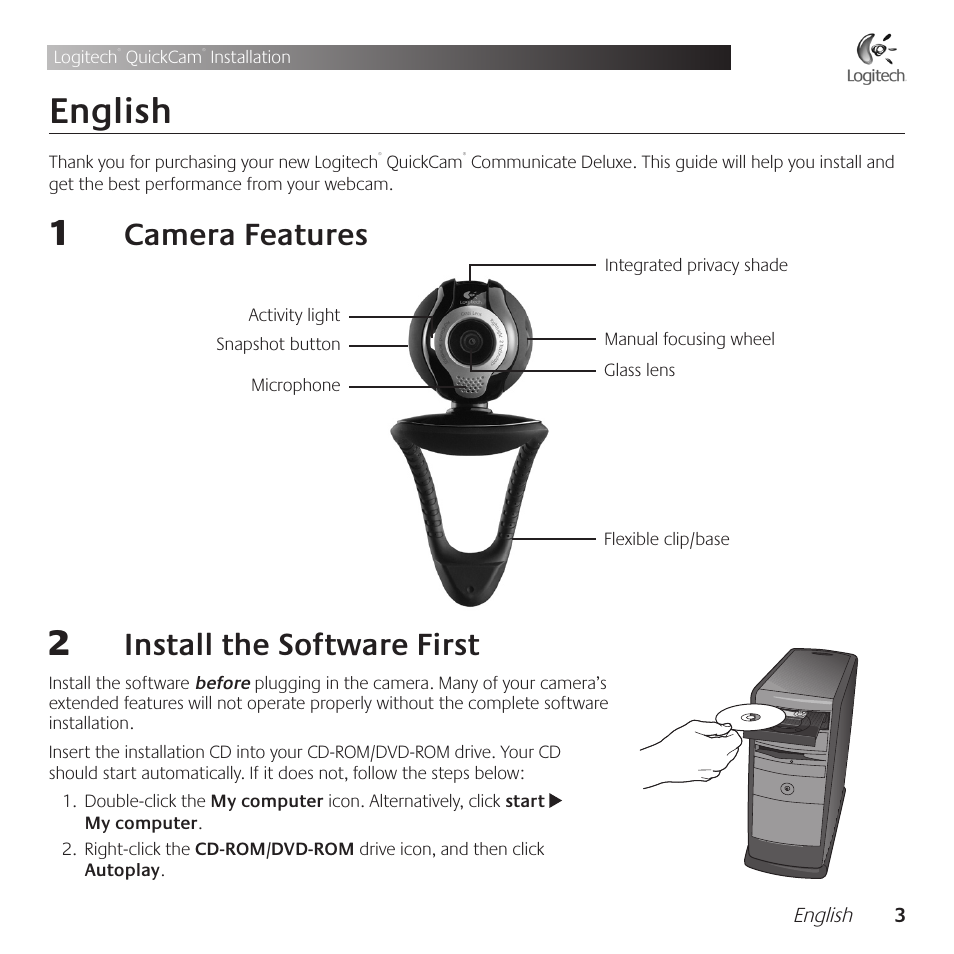 English, Camera .features, Install .the .software .first | Logitech QuickCam Communicate Deluxe V-UBE43 User Manual | Page 3 / 116