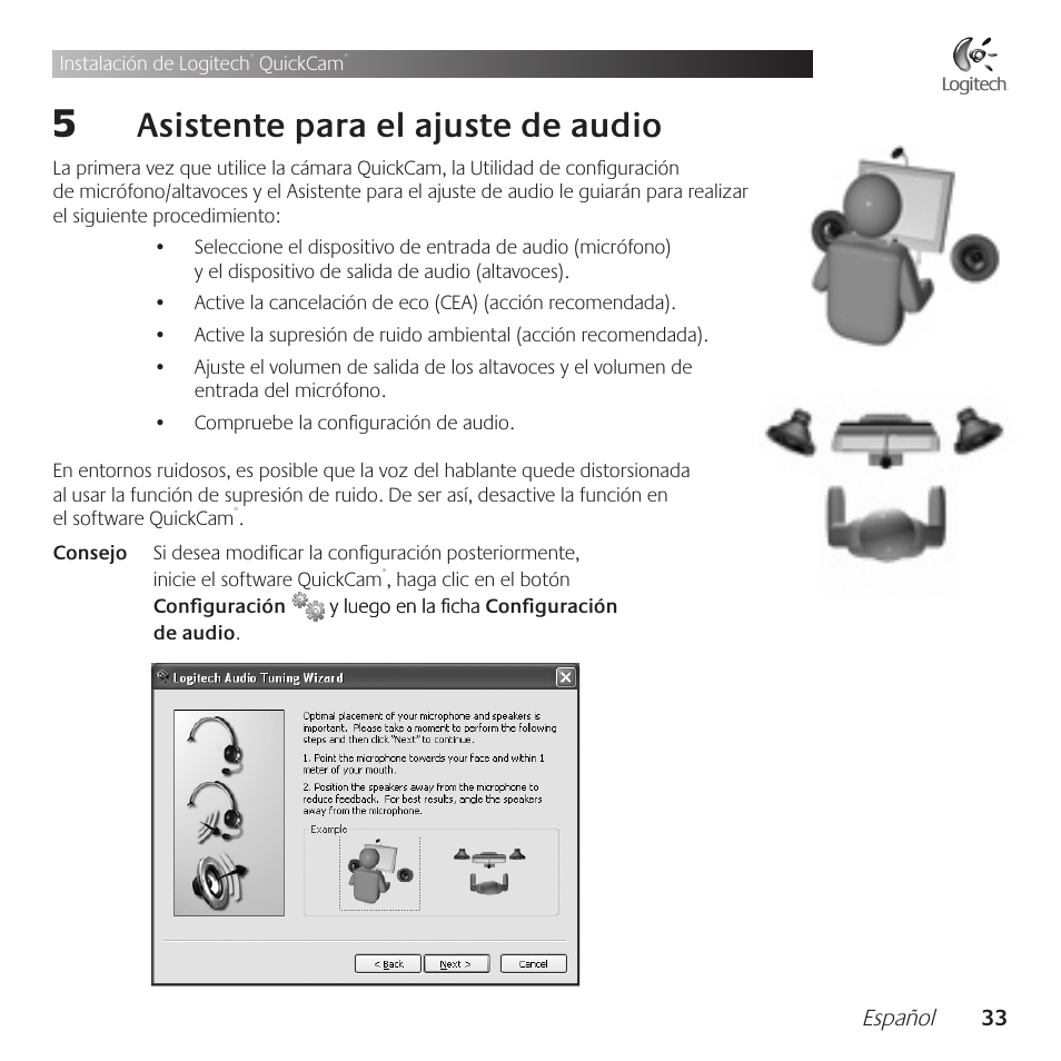 Asistente .para .el .ajuste .de .audio | Logitech QuickCam Communicate Deluxe V-UBE43 User Manual | Page 33 / 116