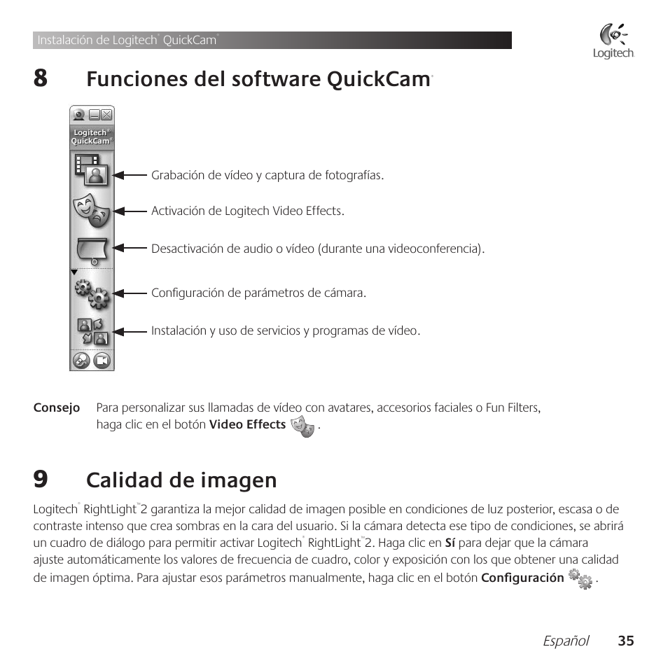 Funciones .del .software .quickcam, Calidad .de .imagen | Logitech QuickCam Communicate Deluxe V-UBE43 User Manual | Page 35 / 116