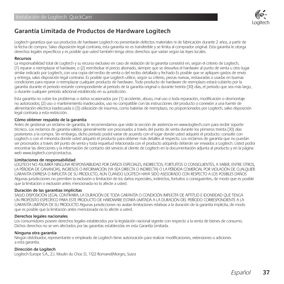 Español, Instalación de logitech, Quickcam | Logitech QuickCam Communicate Deluxe V-UBE43 User Manual | Page 37 / 116