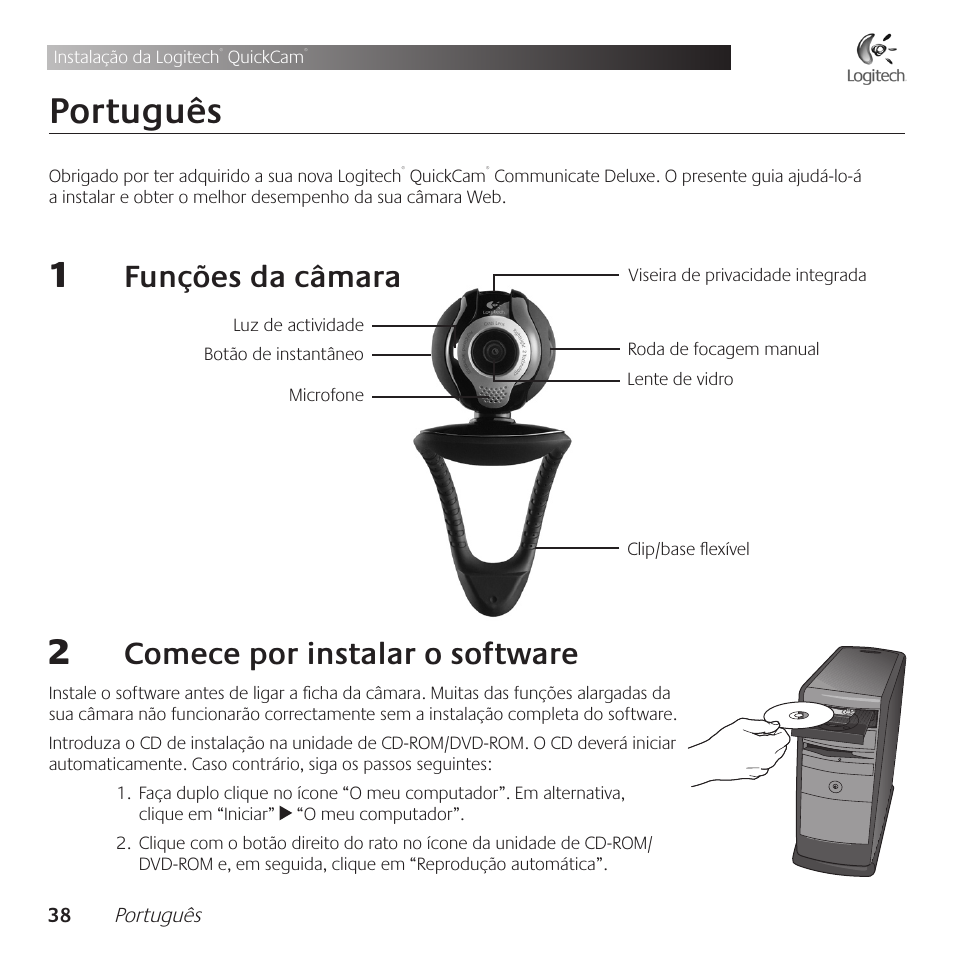 Português, Funções .da .câmara, Comece .por .instalar .o .software | Logitech QuickCam Communicate Deluxe V-UBE43 User Manual | Page 38 / 116