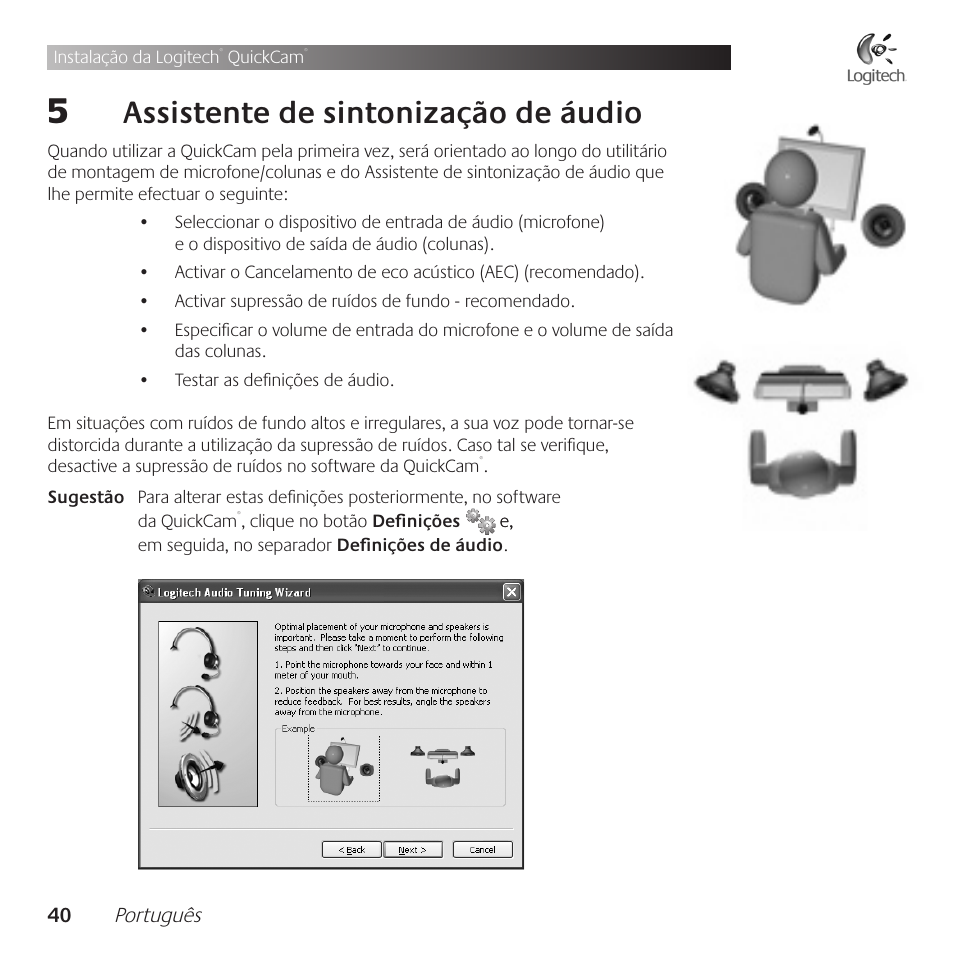 Assistente .de .sintonização .de .áudio | Logitech QuickCam Communicate Deluxe V-UBE43 User Manual | Page 40 / 116