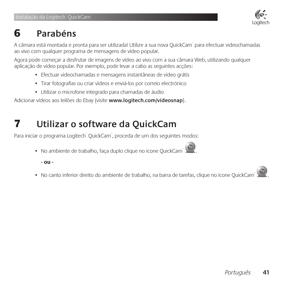 Parabéns, Utilizar .o .software .da .quickcam, Português 1 | Logitech QuickCam Communicate Deluxe V-UBE43 User Manual | Page 41 / 116