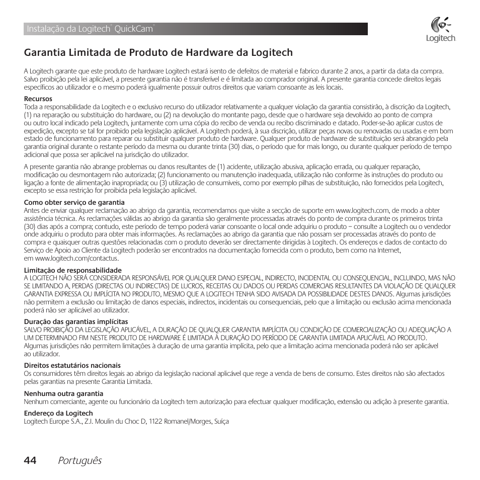 Português, Instalação da logitech, Quickcam | Logitech QuickCam Communicate Deluxe V-UBE43 User Manual | Page 44 / 116