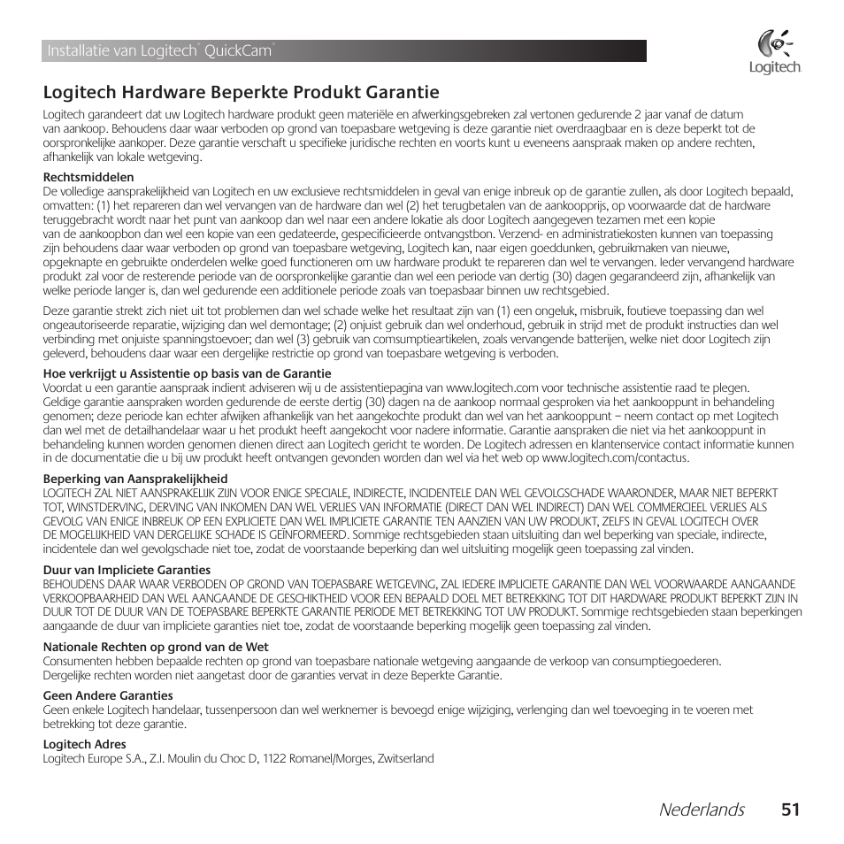 Nederlands 1, Logitech .hardware .beperkte .produkt .garantie, Installatie van logitech | Quickcam | Logitech QuickCam Communicate Deluxe V-UBE43 User Manual | Page 51 / 116