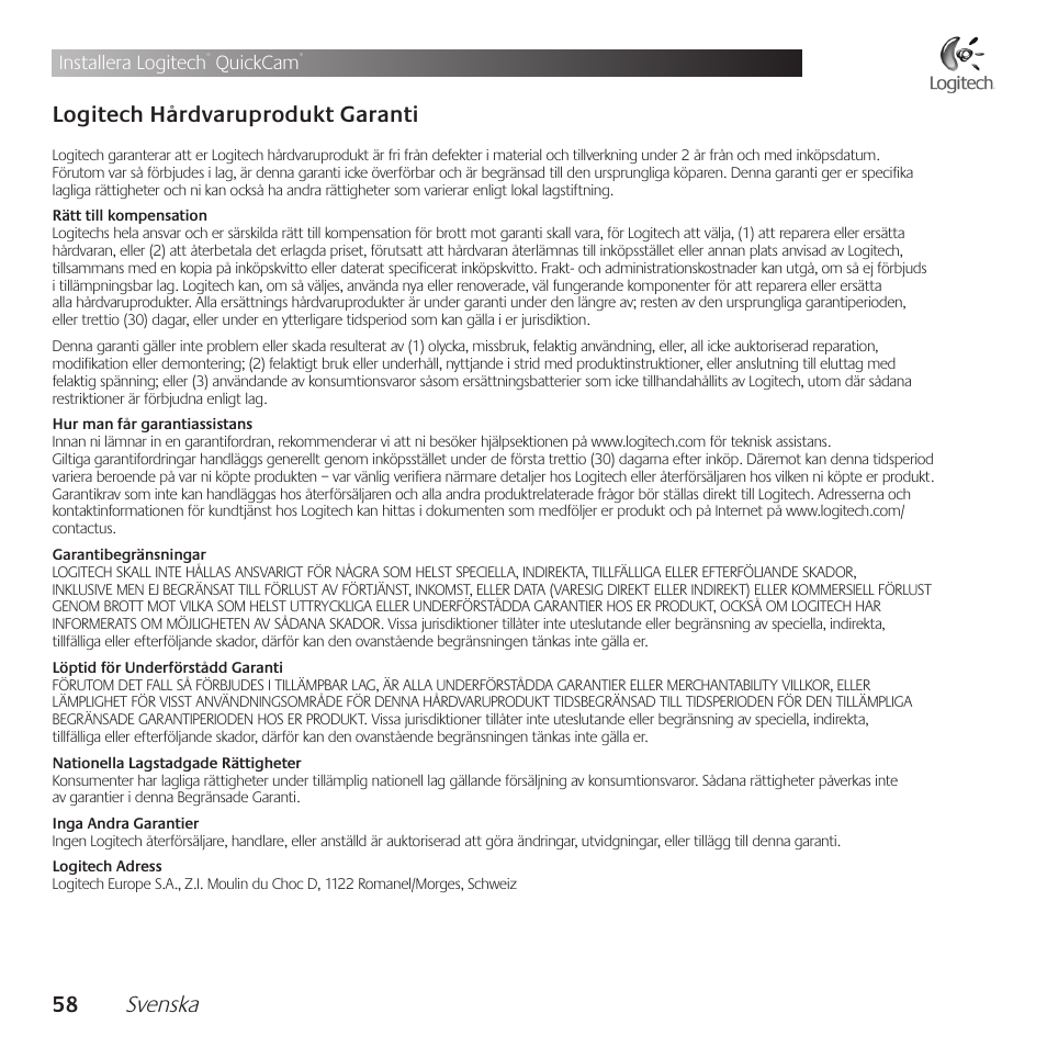 Svenska, Logitech .hårdvaruprodukt .garanti, Installera logitech | Quickcam | Logitech QuickCam Communicate Deluxe V-UBE43 User Manual | Page 58 / 116