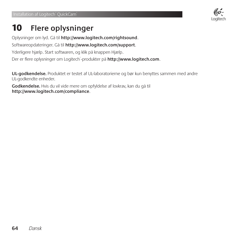 Flere .oplysninger | Logitech QuickCam Communicate Deluxe V-UBE43 User Manual | Page 64 / 116