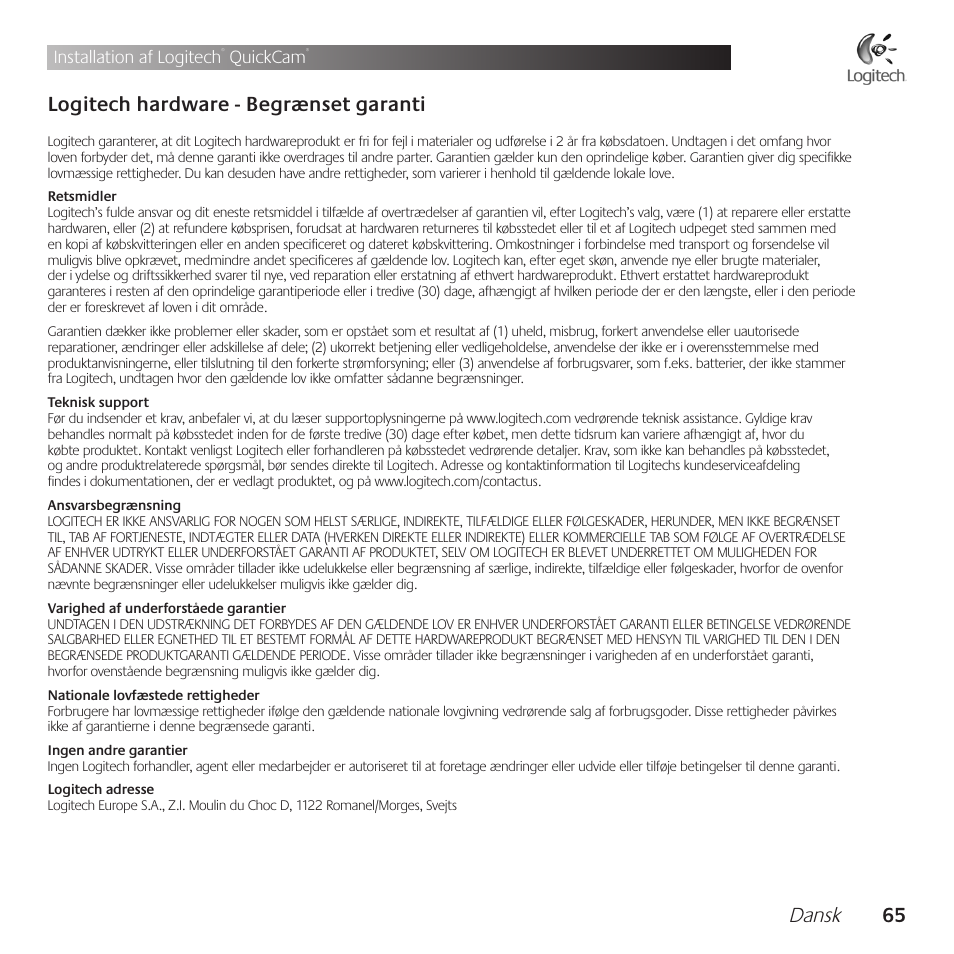 Dansk, Logitech .hardware .- .begrænset .garanti, Installation af logitech | Quickcam | Logitech QuickCam Communicate Deluxe V-UBE43 User Manual | Page 65 / 116