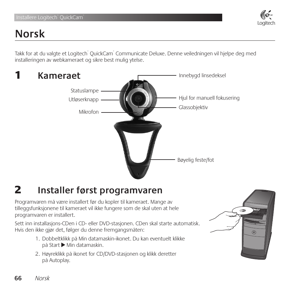 Norsk, Kameraet, Installer .først .programvaren | Logitech QuickCam Communicate Deluxe V-UBE43 User Manual | Page 66 / 116
