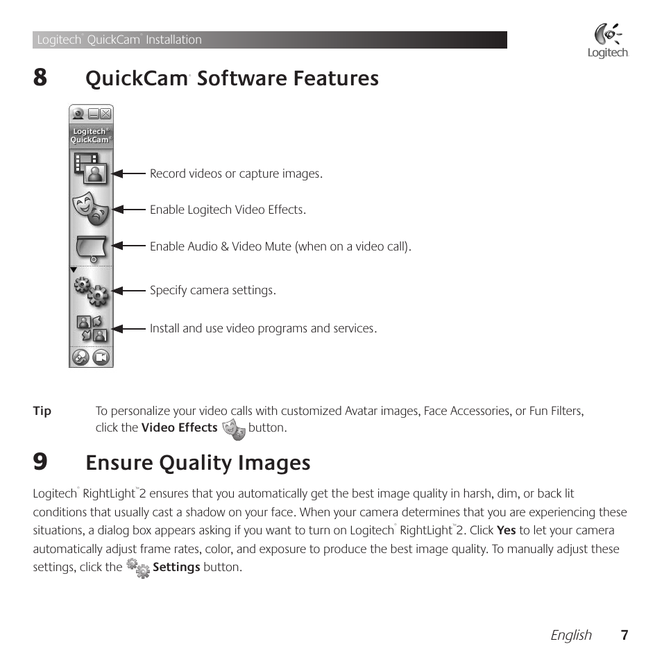 Quickcam, Software .features, Ensure .quality .images | Logitech QuickCam Communicate Deluxe V-UBE43 User Manual | Page 7 / 116