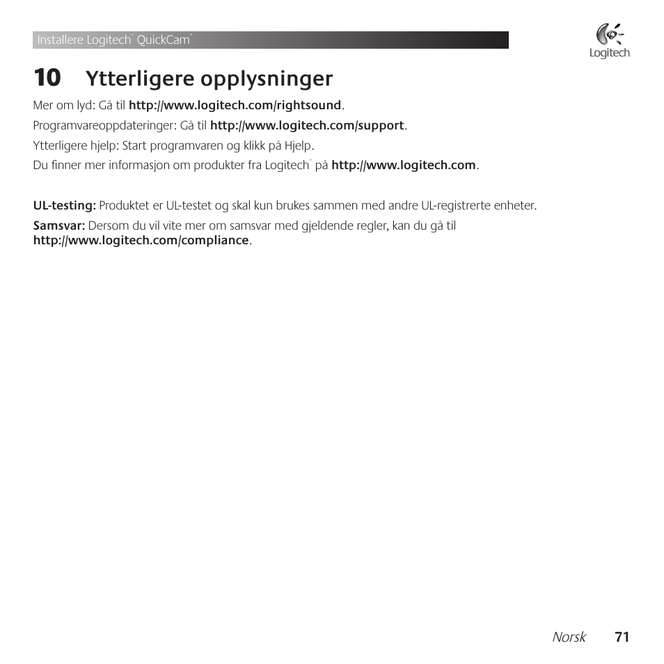 Ytterligere .opplysninger | Logitech QuickCam Communicate Deluxe V-UBE43 User Manual | Page 71 / 116