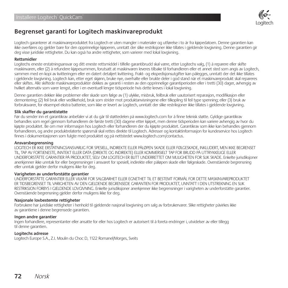 2 norsk, Installere logitech, Quickcam | Logitech QuickCam Communicate Deluxe V-UBE43 User Manual | Page 72 / 116