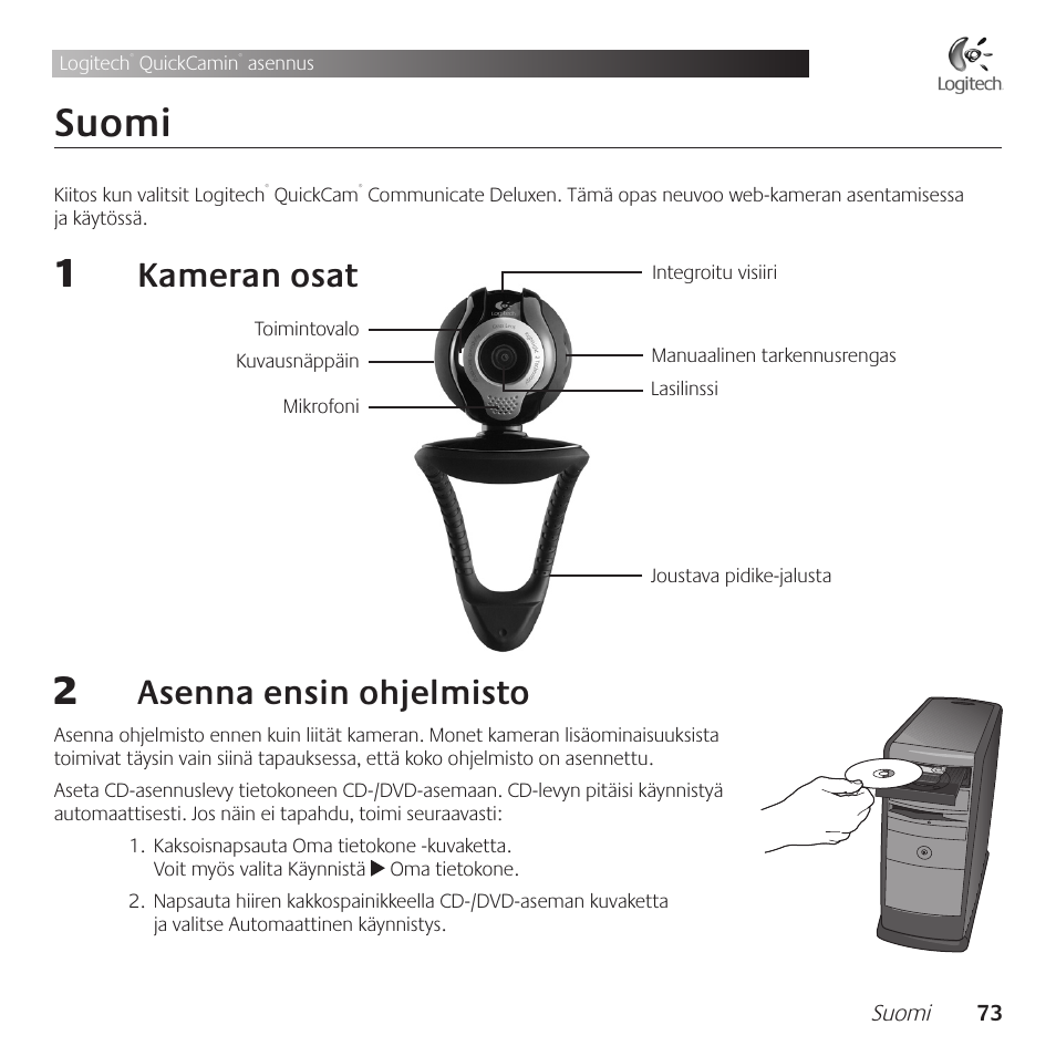 Suomi, Kameran .osat, Asenna .ensin .ohjelmisto | Logitech QuickCam Communicate Deluxe V-UBE43 User Manual | Page 73 / 116