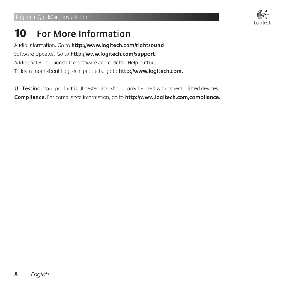 For .more .information | Logitech QuickCam Communicate Deluxe V-UBE43 User Manual | Page 8 / 116