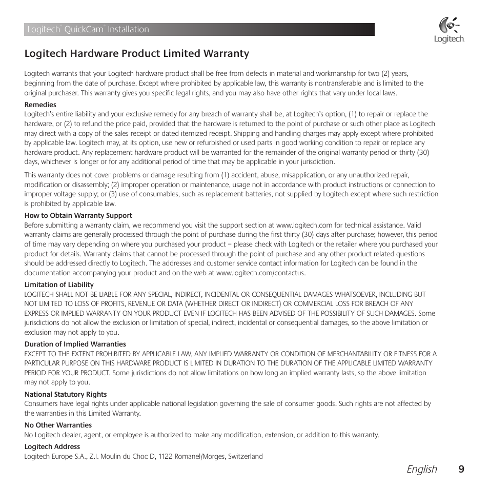 English, Logitech .hardware .product .limited .warranty | Logitech QuickCam Communicate Deluxe V-UBE43 User Manual | Page 9 / 116