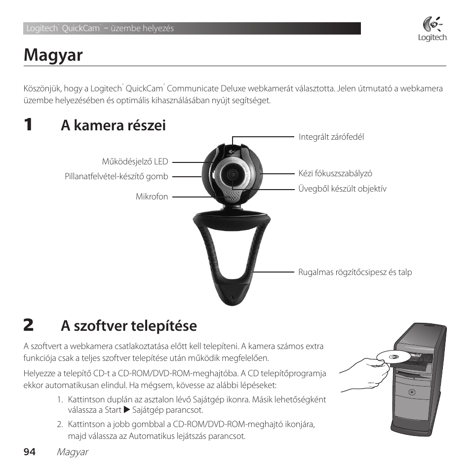 Magyar, A kamera részei, A szoftver telepítése | Logitech QuickCam Communicate Deluxe V-UBE43 User Manual | Page 94 / 116