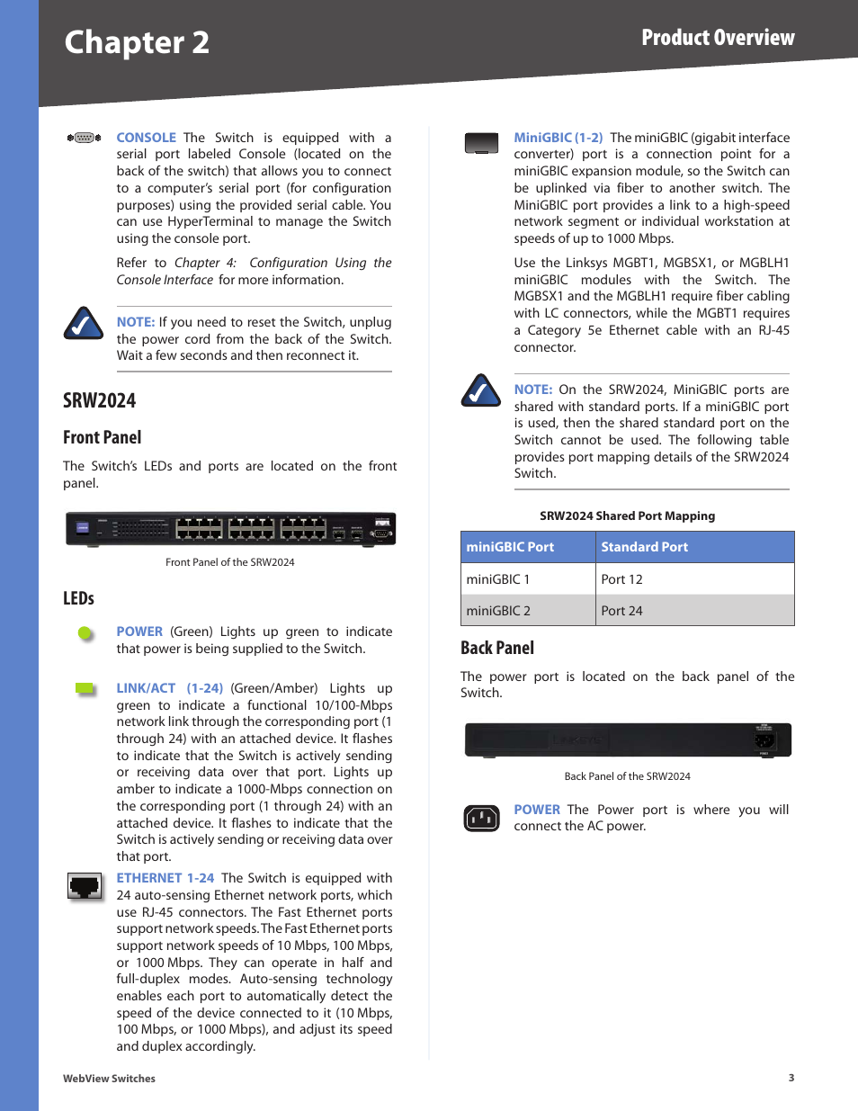 Srw2024, Front panel, Leds | Back panel, Front panel leds back panel, Chapter 2, Product overview | Linksys BUSINESS SERIES SRW224G4 User Manual | Page 10 / 96