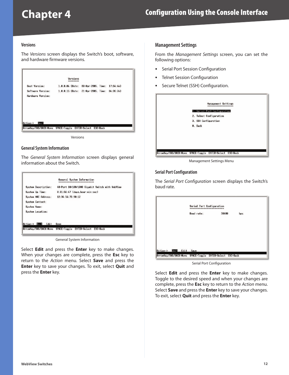 Chapter 4, Configuration using the console interface | Linksys BUSINESS SERIES SRW224G4 User Manual | Page 19 / 96