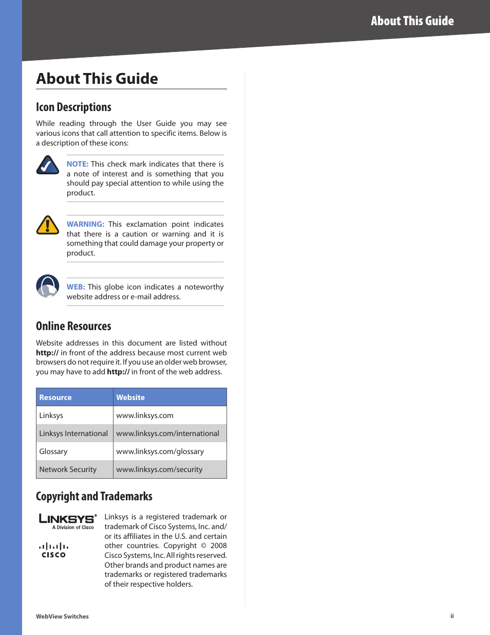 About this guide, Icon descriptions, Online resources | Copyright and trademarks | Linksys BUSINESS SERIES SRW224G4 User Manual | Page 2 / 96