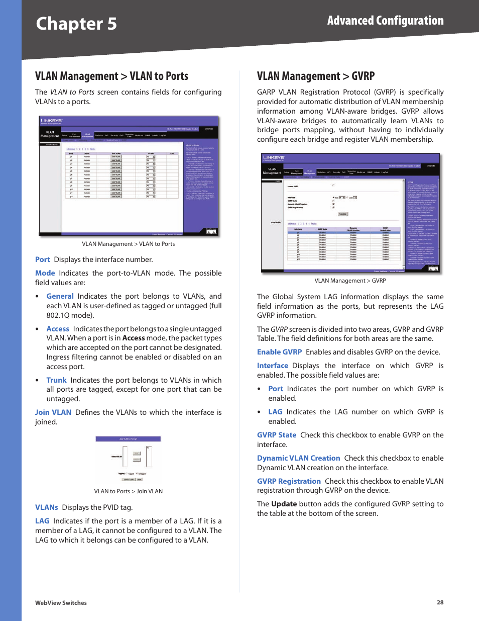 Vlan management > vlan to ports, Vlan management > gvrp, Chapter 5 | Advanced configuration | Linksys BUSINESS SERIES SRW224G4 User Manual | Page 35 / 96