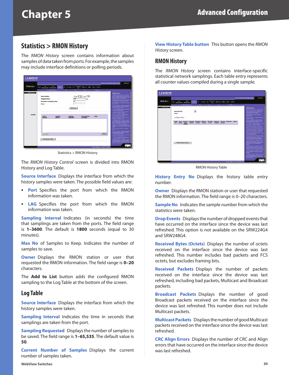 Statistics > rmon history, Log table, Rmon history | Log table rmon history, Chapter 5, Advanced configuration | Linksys BUSINESS SERIES SRW224G4 User Manual | Page 37 / 96