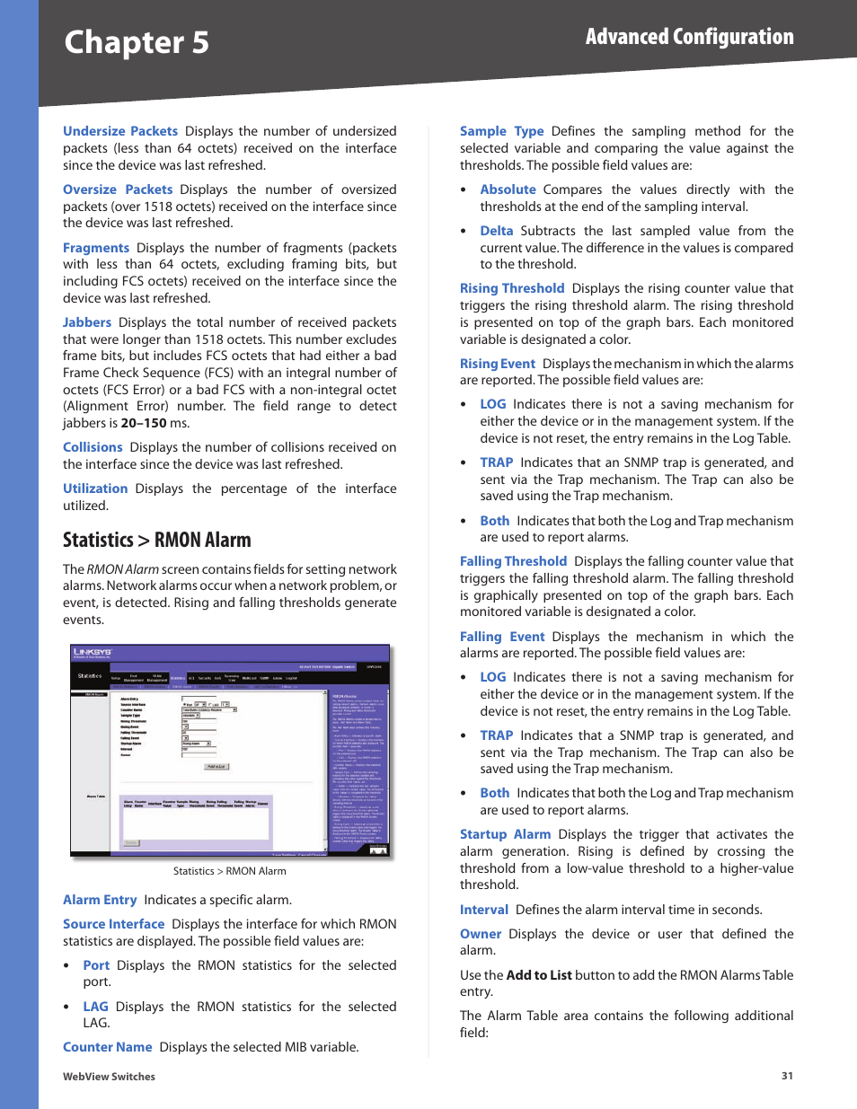 Statistics > rmon alarm, Chapter 5, Advanced configuration | Linksys BUSINESS SERIES SRW224G4 User Manual | Page 38 / 96