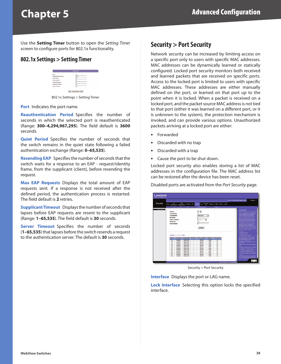 1x settings > setting timer, Security > port security, Chapter 5 | Advanced configuration | Linksys BUSINESS SERIES SRW224G4 User Manual | Page 45 / 96