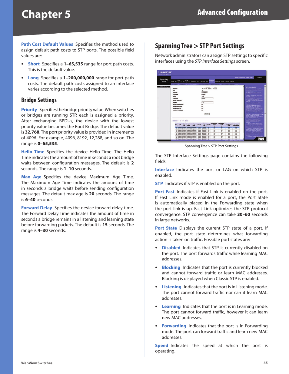 Bridge settings, Spanning tree > stp port settings, Chapter 5 | Advanced configuration | Linksys BUSINESS SERIES SRW224G4 User Manual | Page 52 / 96