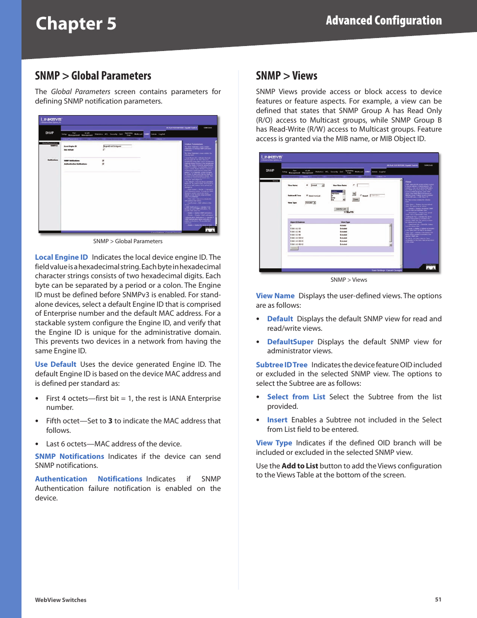 Snmp > global parameters, Snmp > views, Snmp > global parameters snmp > views | Chapter 5, Advanced configuration | Linksys BUSINESS SERIES SRW224G4 User Manual | Page 58 / 96