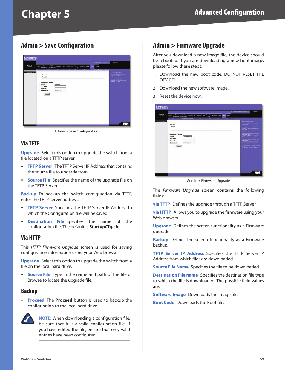 Admin > save configuration, Via tftp, Via http | Backup, Admin > firmware upgrade, Via tftp via http backup, Chapter 5, Advanced configuration | Linksys BUSINESS SERIES SRW224G4 User Manual | Page 66 / 96
