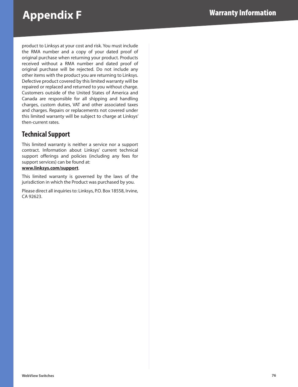Technical support, Appendix f, Warranty information | Linksys BUSINESS SERIES SRW224G4 User Manual | Page 83 / 96