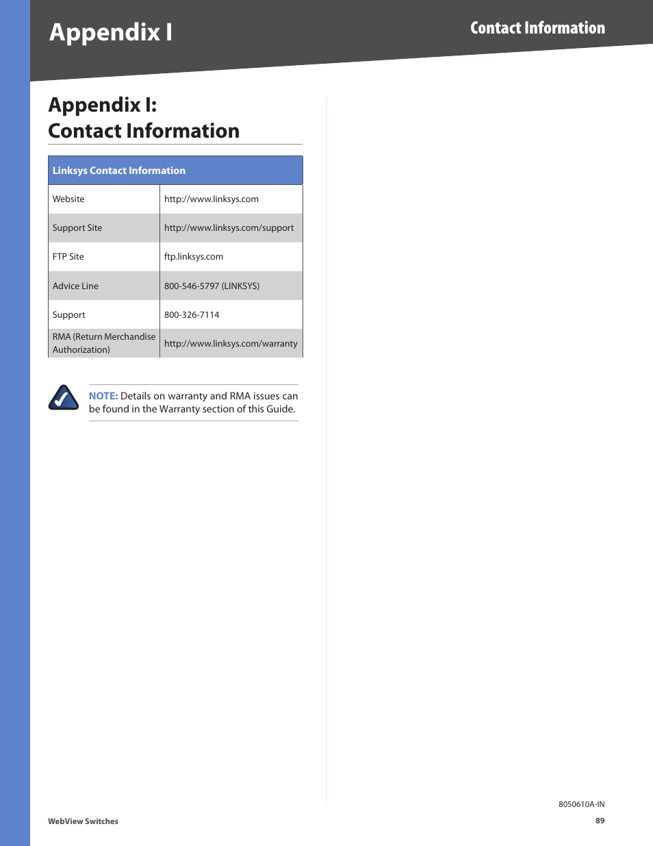 Appendix i: contact information, Appendix i, Contact information | Linksys BUSINESS SERIES SRW224G4 User Manual | Page 96 / 96