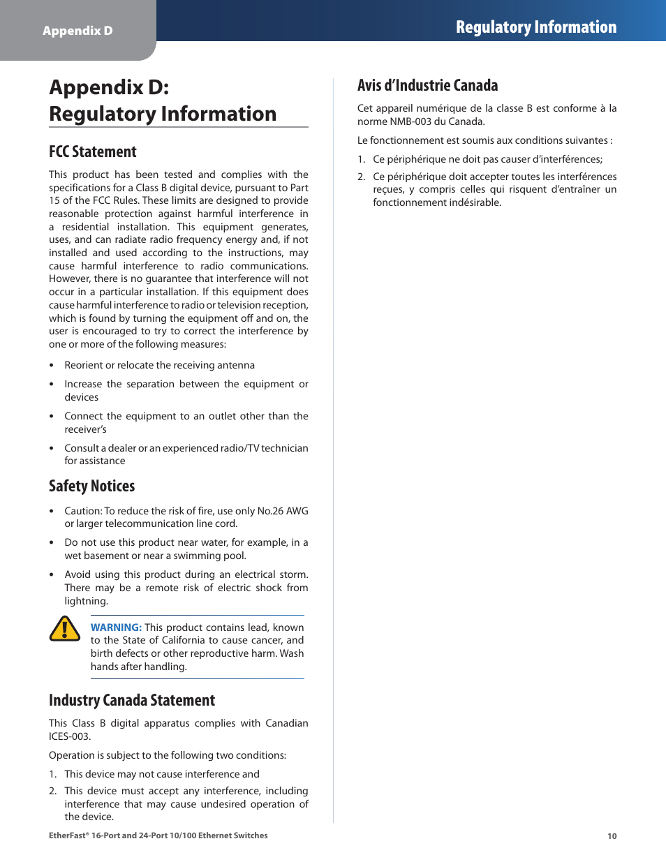 Appendix d: regulatory information, Fcc statement, Safety notices | Industry canada statement, Regulatory information, Avis d’industrie canada | Linksys EF4124 User Manual | Page 13 / 29