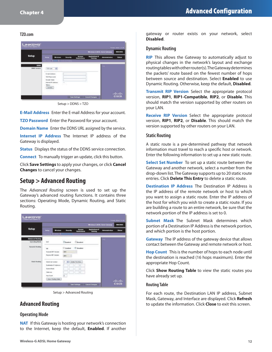 Setup > advanced routing, Advanced configuration, Advanced routing | Linksys WAG200G User Manual | Page 13 / 39