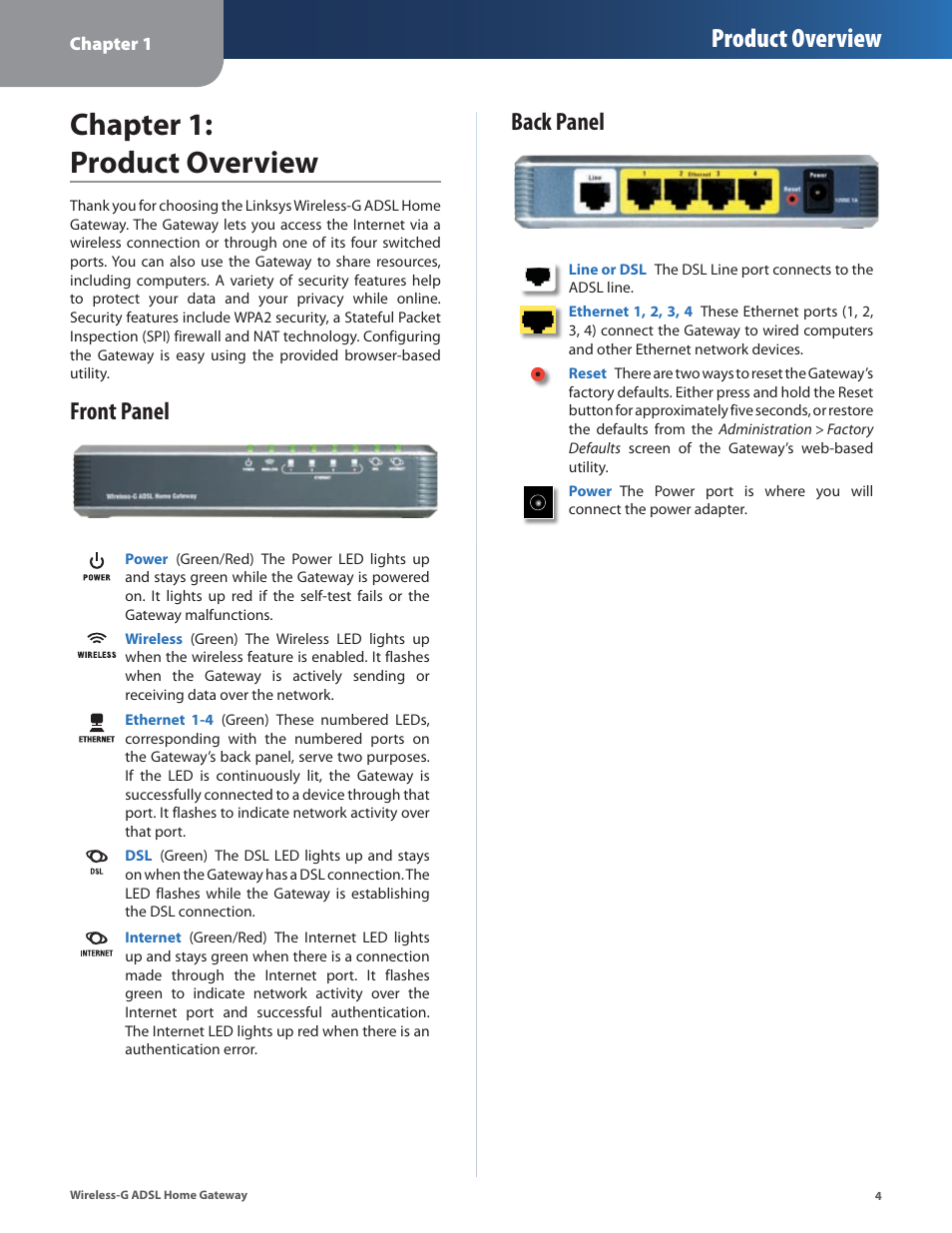 Chapter 1: product overview, Front panel, Back panel | Front panel back panel, Chapter 1: product overvew, Product overview | Linksys WAG200G User Manual | Page 5 / 39