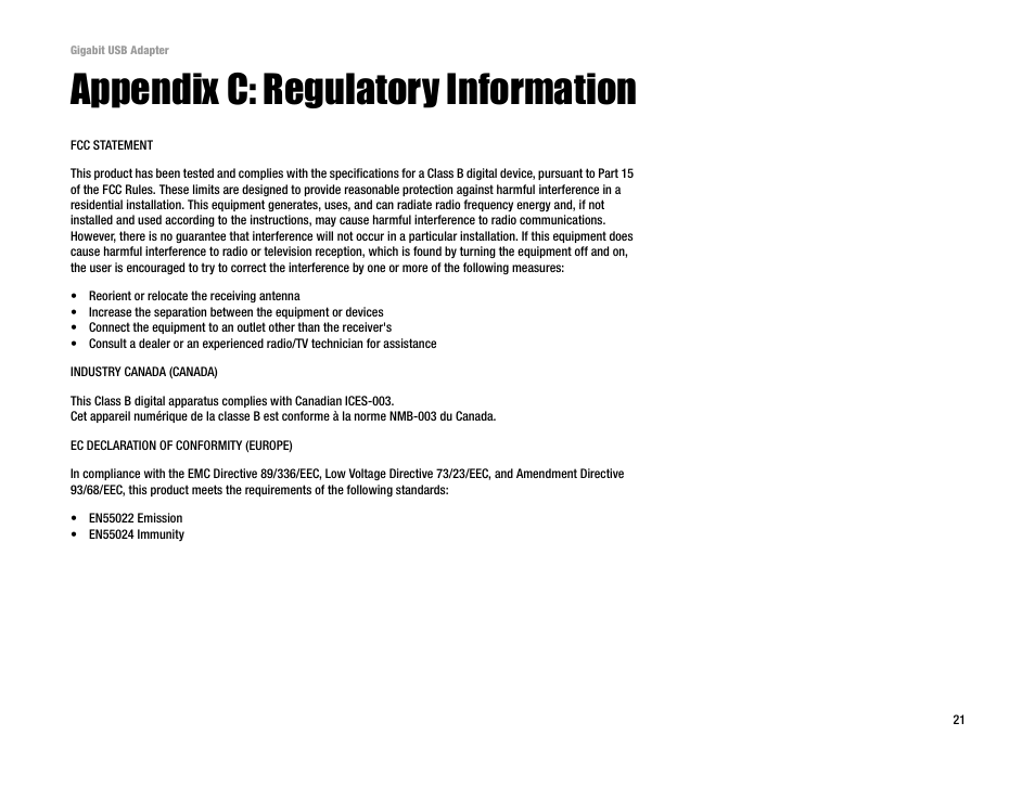 Appendix c: regulatory information | Linksys USB1000 User Manual | Page 23 / 26