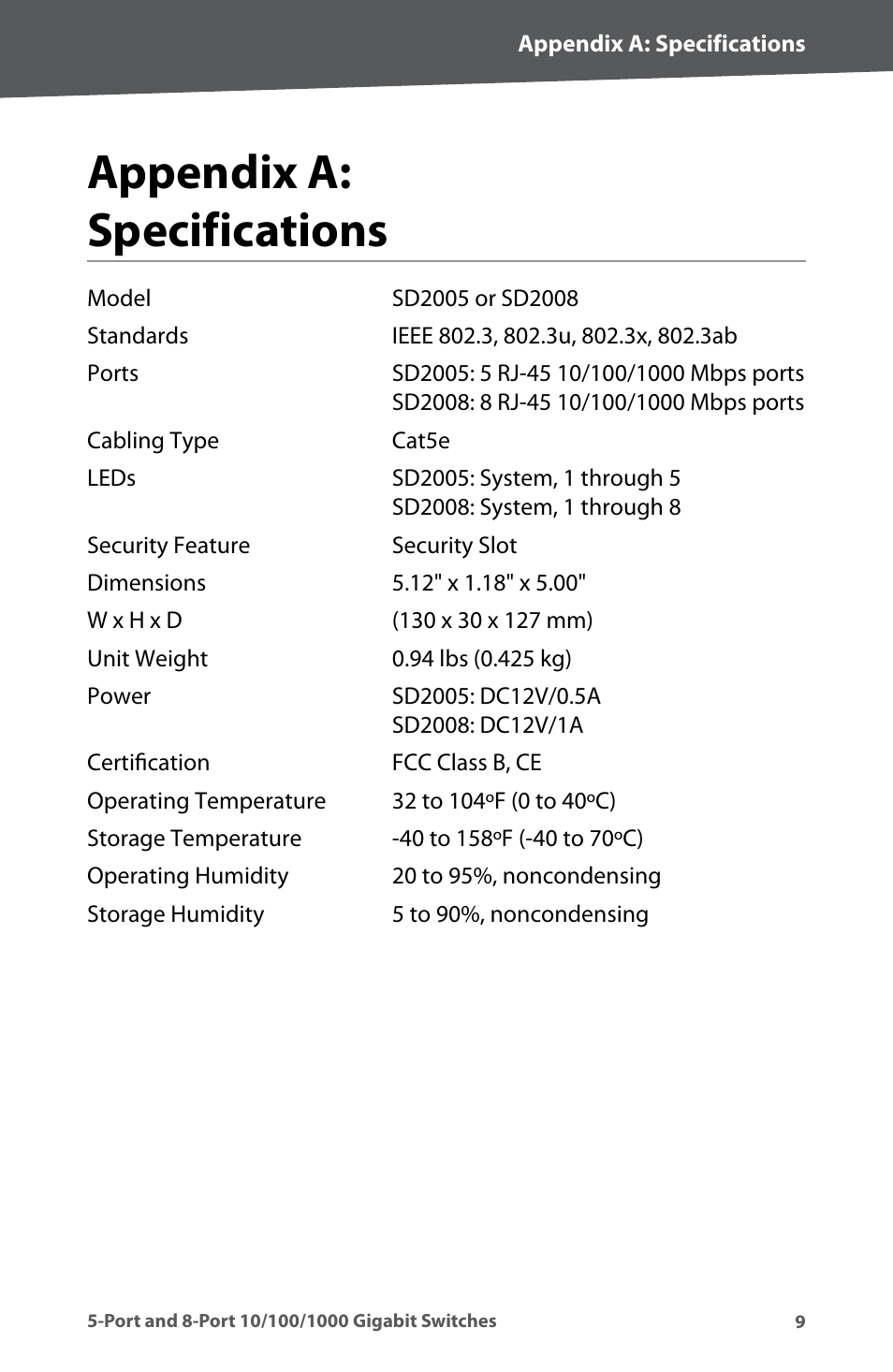 Appendix a: specifications, Appendx a: specfcatons | Linksys SD2005 User Manual | Page 13 / 28